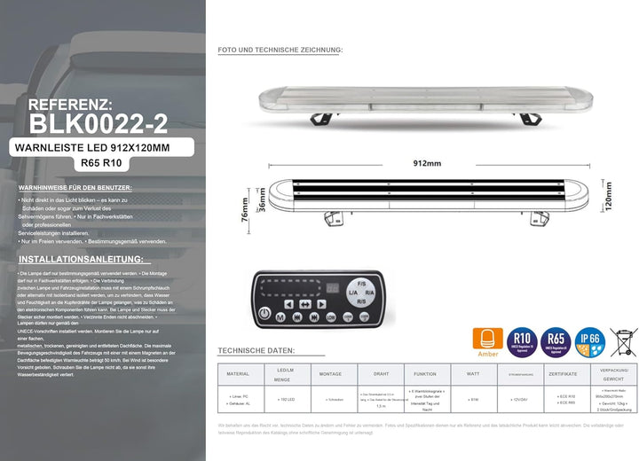 LED Warnbalken Warnleuchte Leuchtbalken Dachbalken 1010 mm mit Fernbedienung