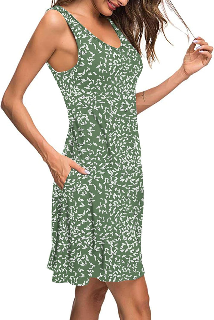 AUSELILY Sommerkleid Damen Ärmellose Strandkleid Leicht Swing Kleid V Ausschnitt Mini Kleid Hoja Oli