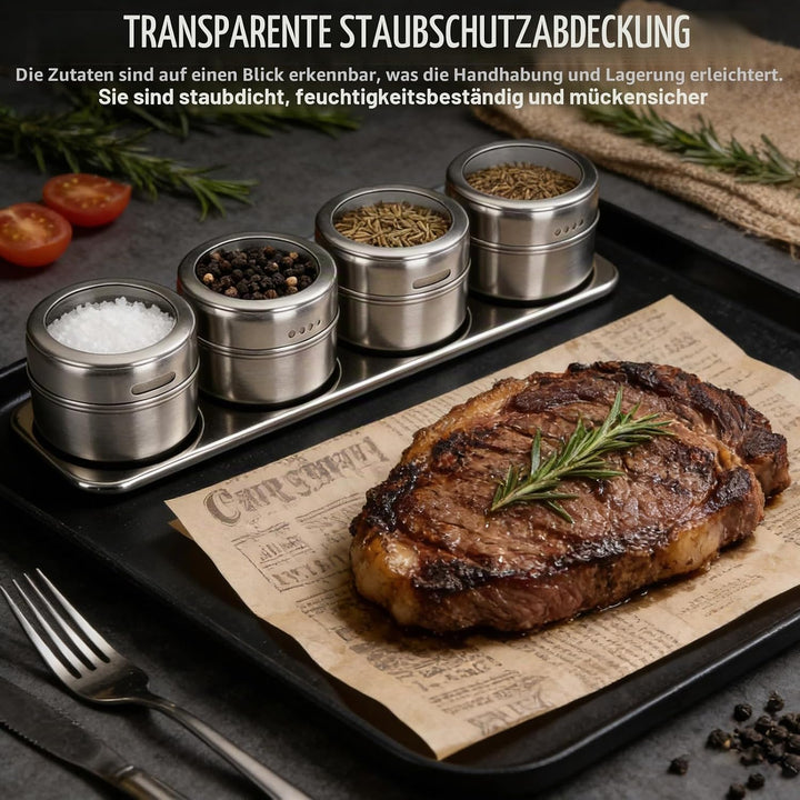 12 Stück Gewürzdosen Magnetisch, 100ml Edelstahl Transparent Top BBQ Gewürzdose, 2-in-1 Gewürzbehält