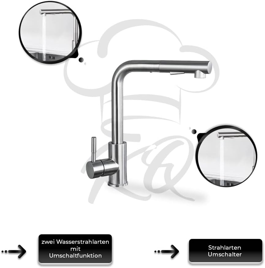 KitchenQuality Küchenarmatur | Ausziehbare Brause | 360° Grad schwenkbar | Gebürsteter Edelstahl | V