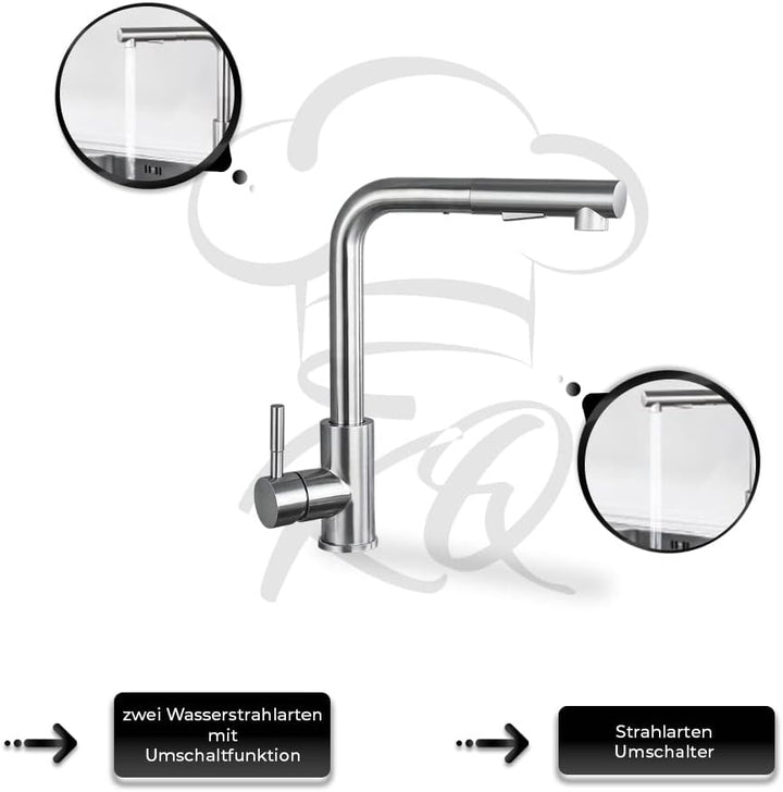 KitchenQuality Küchenarmatur | Ausziehbare Brause | 360° Grad schwenkbar | Gebürsteter Edelstahl | V