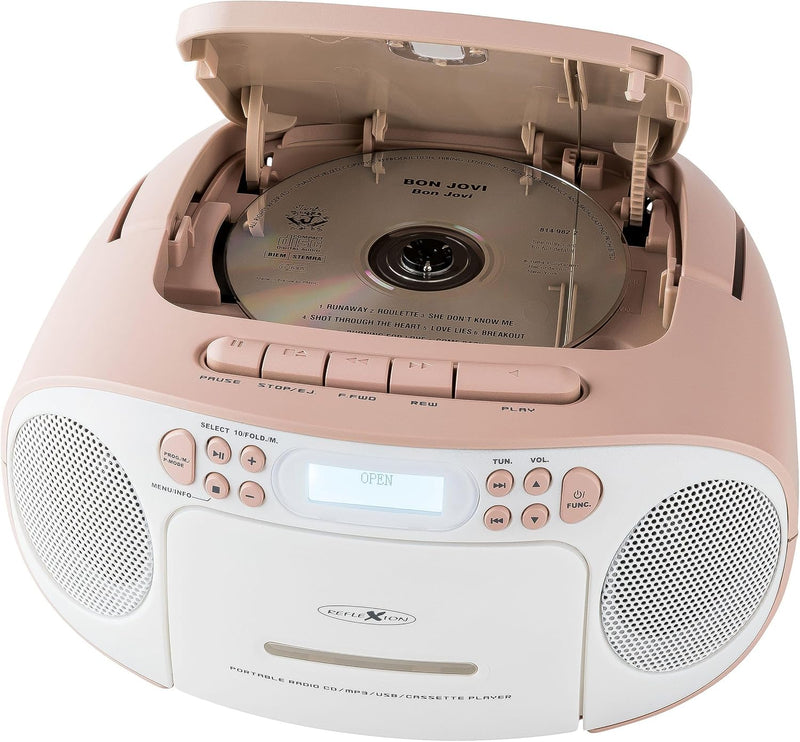 Reflexion RCR2260DAB/PK, Tragbares CD/MP3-Cassetten-USB-DAB+-Stereo Radio (2x12 Watt max. Musikleist