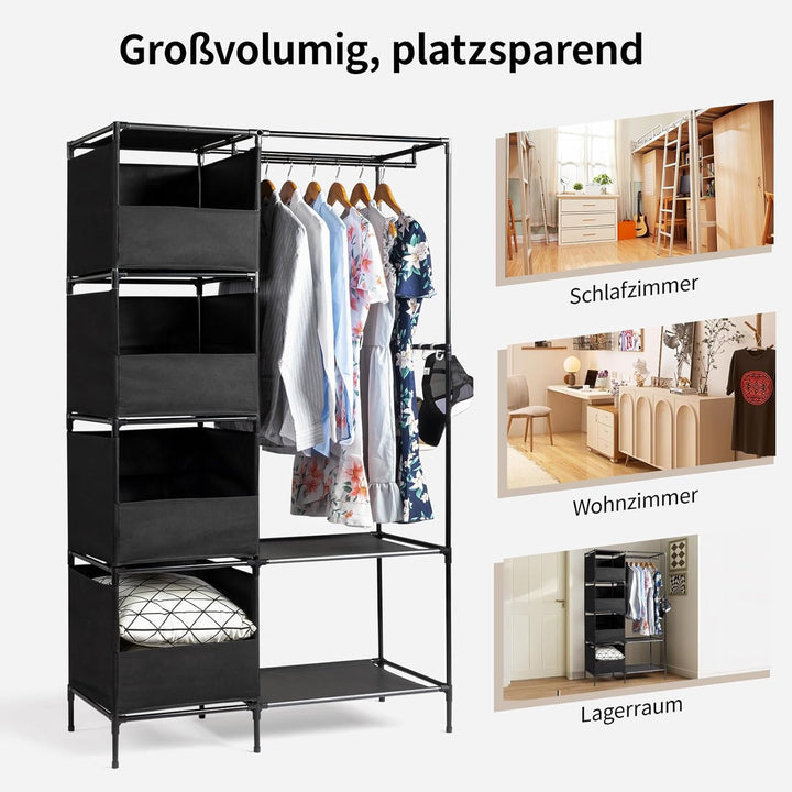 LEADZM Kleiderschrank offen, Kleiderständer freistehende Garderobe mit Kleiderstangen, Stoffablagen,