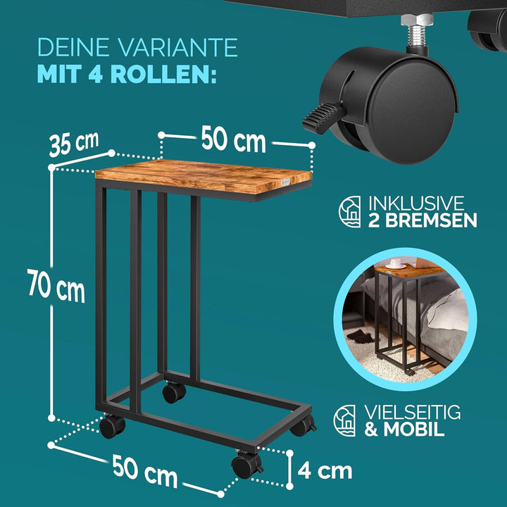 Casaria Beistelltisch Sofatisch mit Rollen Kaffeetisch Wohnzimmer Bettisch Industrie-Design Holz Met