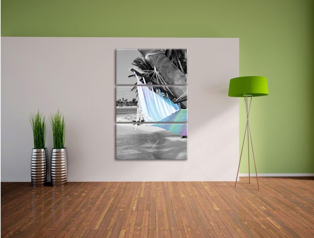 Pixxprint traumhafte Hängematte am Strand 3-Teiler Leinwandbild 120x80 Bild auf Leinwand