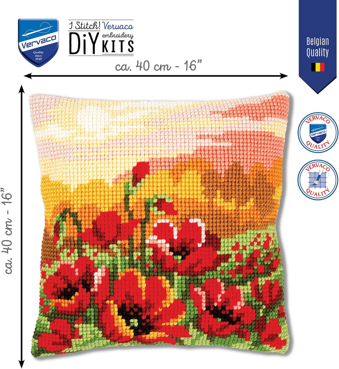 Vervaco PN-0157583 Mohnblumen Kreuzsichkissen vorbedruckt, Baumwolle, mehrfarbig, 40 x 40 cm