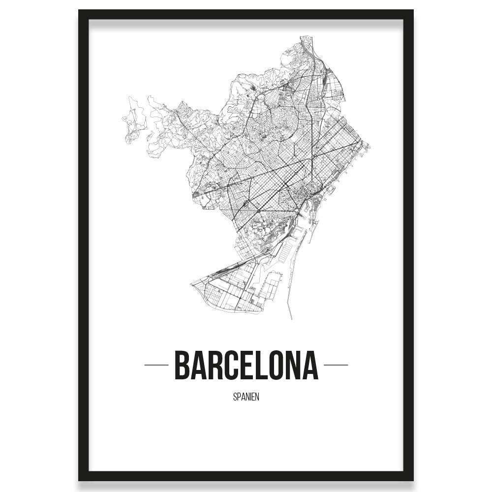 JUNIWORDS Stadtposter, Barcelona, Wähle eine Grösse, 21 x 30 cm, Poster mit Rahmen, Schrift B, Weiss