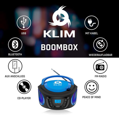 KLIM Boombox Radio mit CD Player - NEU 2024 - FM-Radio, CD Player, Bluetooth, MP3, USB, AUX - Inklus