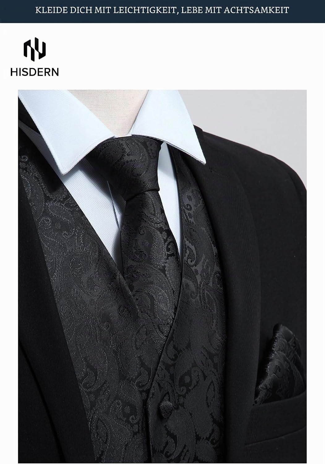 HISDERN Herren FLoral Hochzeit Weste Krawatte Einstecktuch Taschentuch Jacquard Weste Anzug Set M Sc