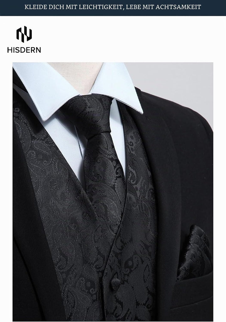 HISDERN Herren FLoral Hochzeit Weste Krawatte Einstecktuch Taschentuch Jacquard Weste Anzug Set M Sc