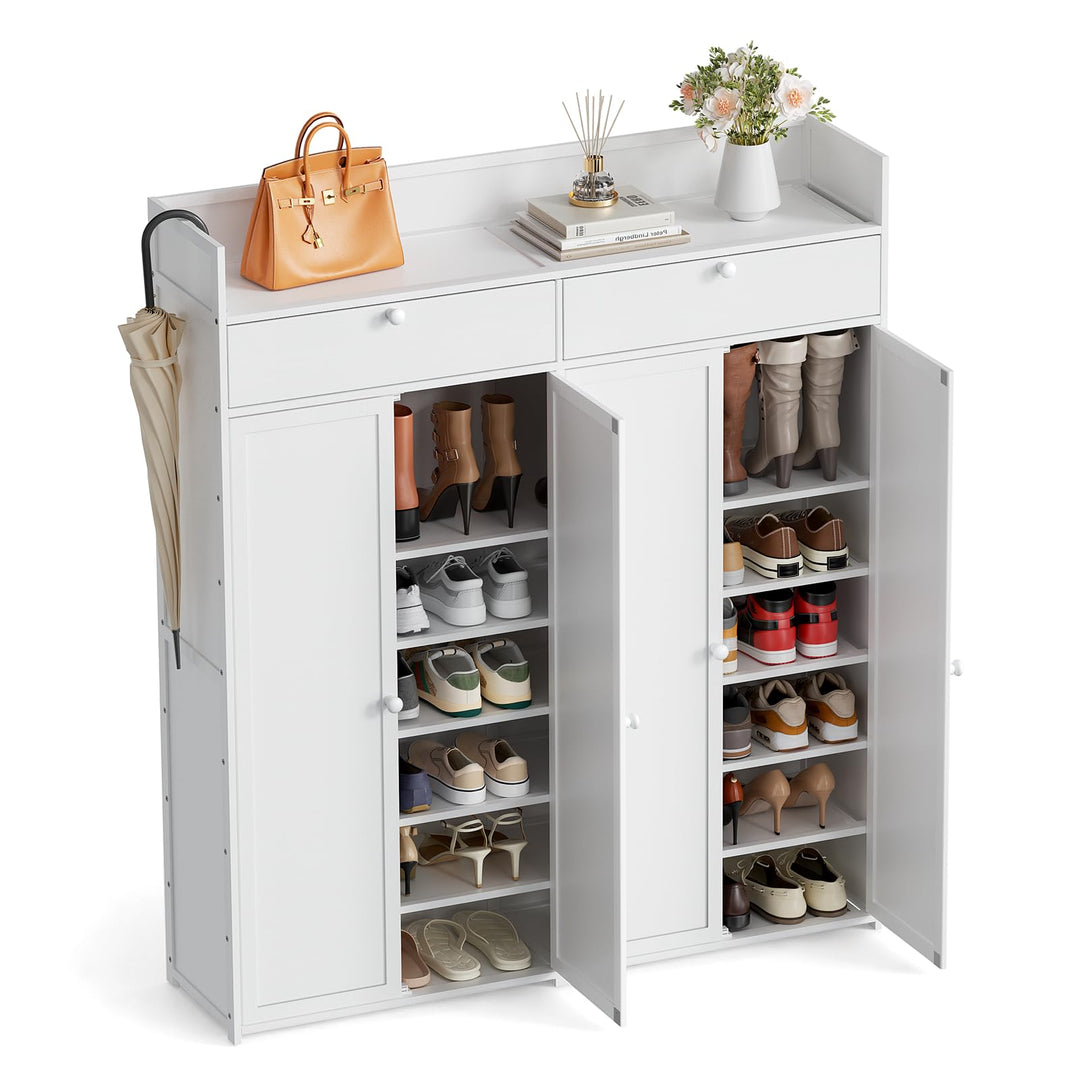 8-Ebenen Massivholz Schuhschrank, 2 Schubladen, 6 Anpassbare Regale | Magnettüren, Ablage mit Schutz