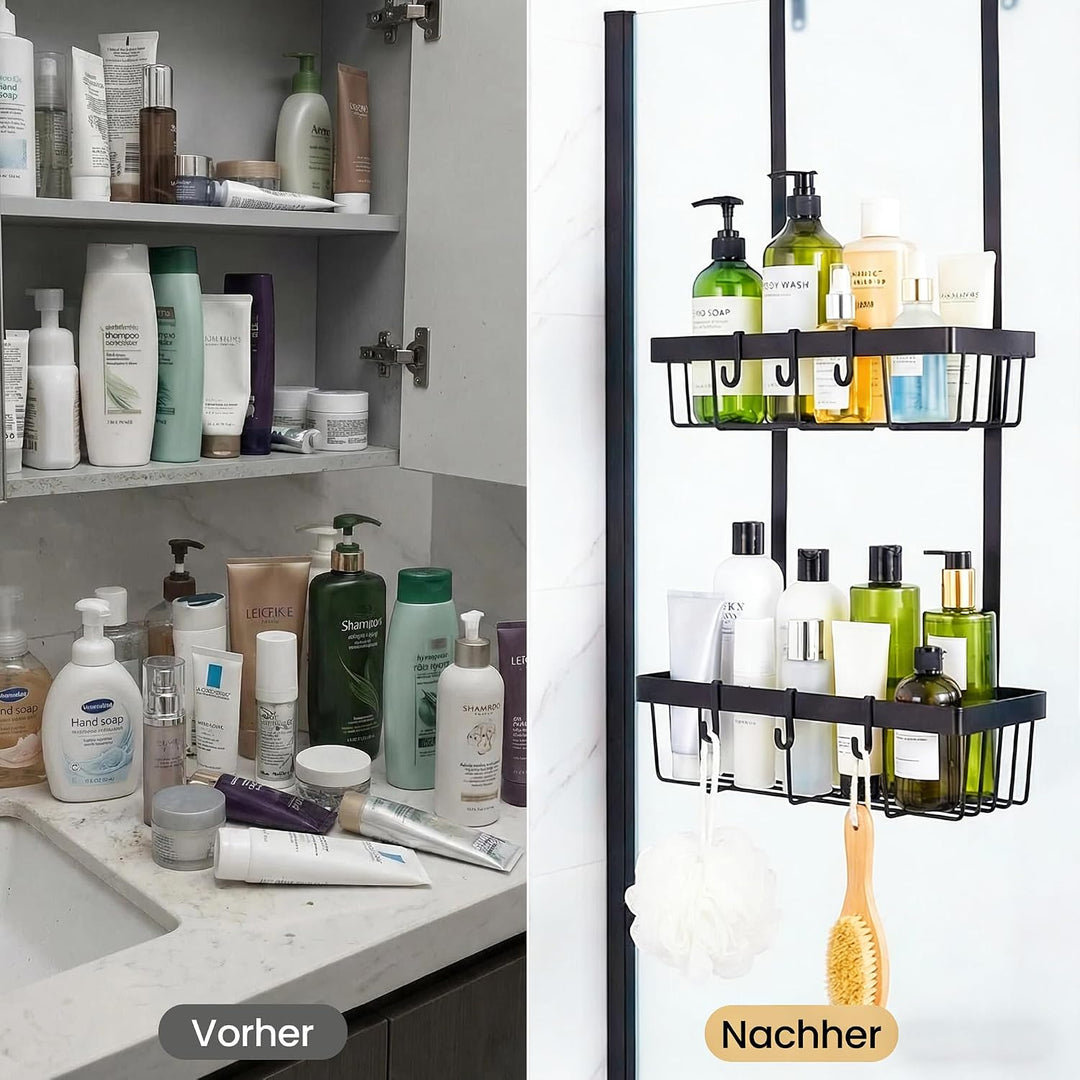 Duschablage zum Hängen Schwarz, Duschregal Ohne Bohren für Badezimmer Organizer Hängeregal mit 2 Dus