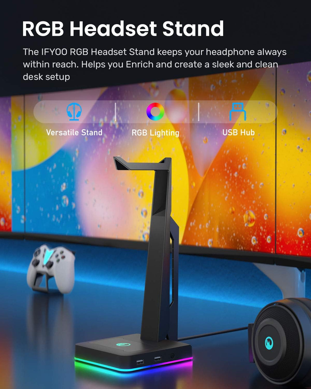 RGB Gaming Headset Ständer mit 2 USB Ports, Game Kopfhörer Halterung für PC, Xbox One, PS4, Switch,