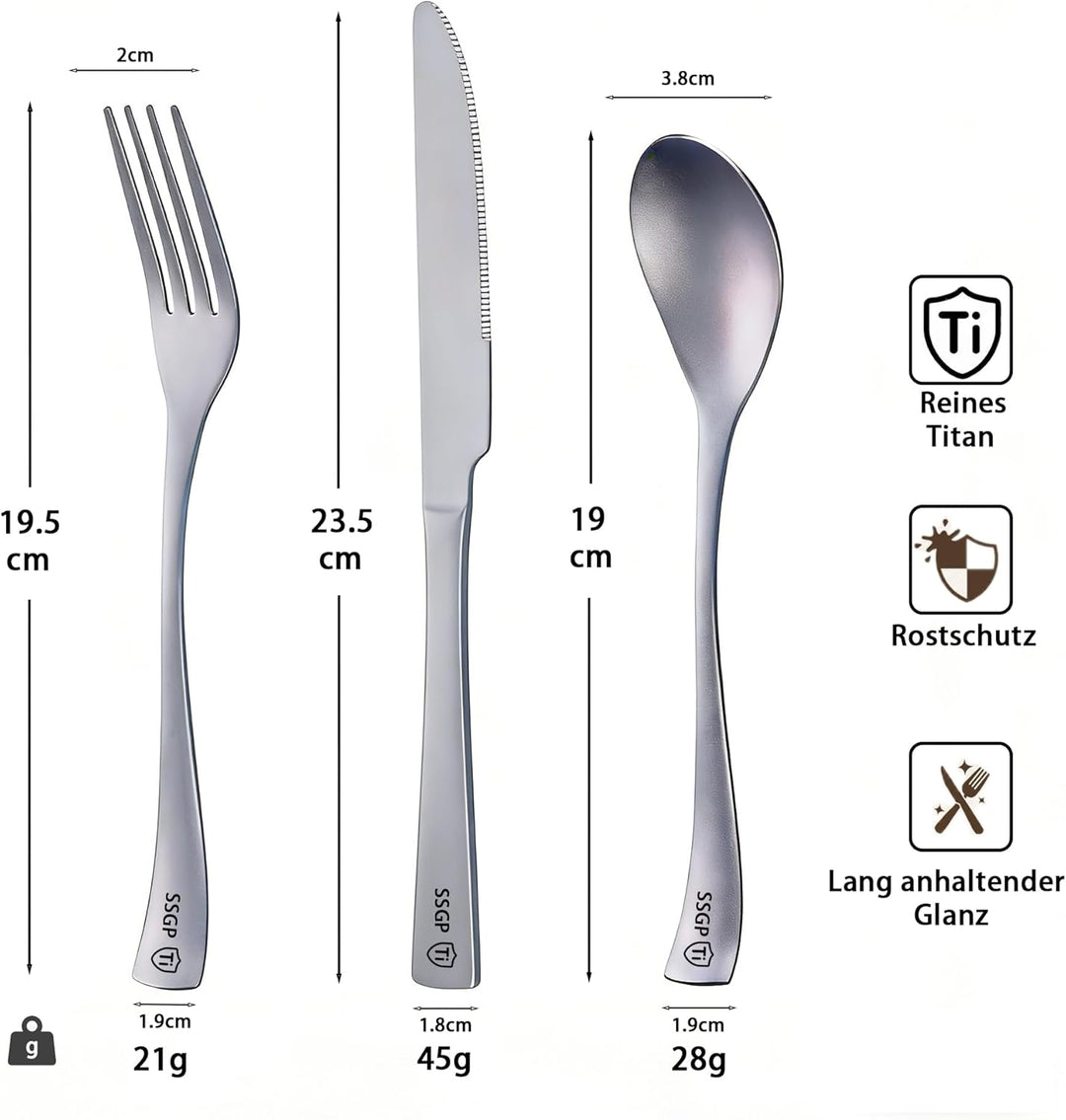 SSGP Titan Besteck Set 3-teilig – Reines Titan Grade 1, Geschmacksneutral & Rostfrei – Mattierte Obe