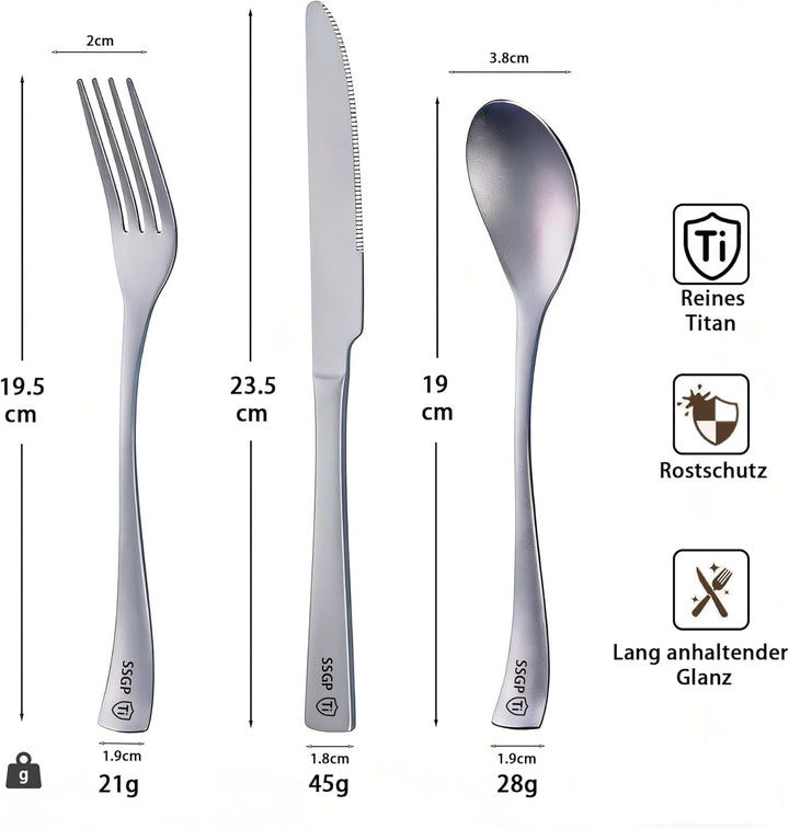 SSGP Titan Besteck Set 3-teilig – Reines Titan Grade 1, Geschmacksneutral & Rostfrei – Mattierte Obe