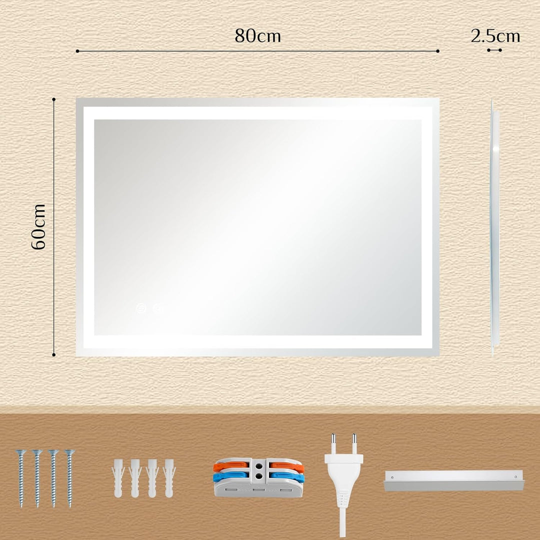 Clevich Badspiegel mit Beleuchtung 80×60 cm, LED Spiegel mit 3 Lichtfarben Dimmbar, Gehärtetes Glas