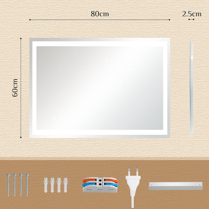 Clevich Badspiegel mit Beleuchtung 80×60 cm, LED Spiegel mit 3 Lichtfarben Dimmbar, Gehärtetes Glas