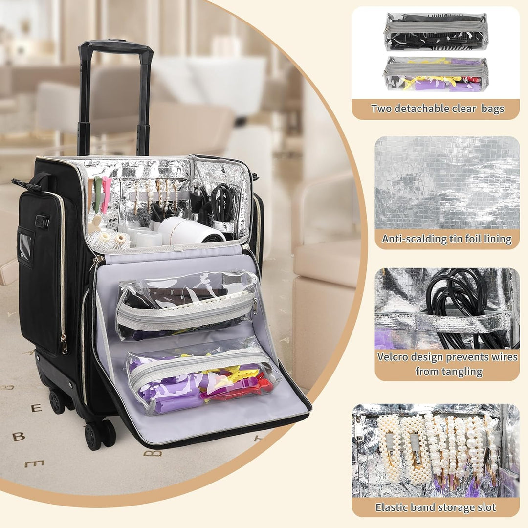 Kosmetikkoffer Trolley mit 360° Drehbaren Rädern, Friseurkoffer mit Abnehmbarer Tasche, Wärmeisolier