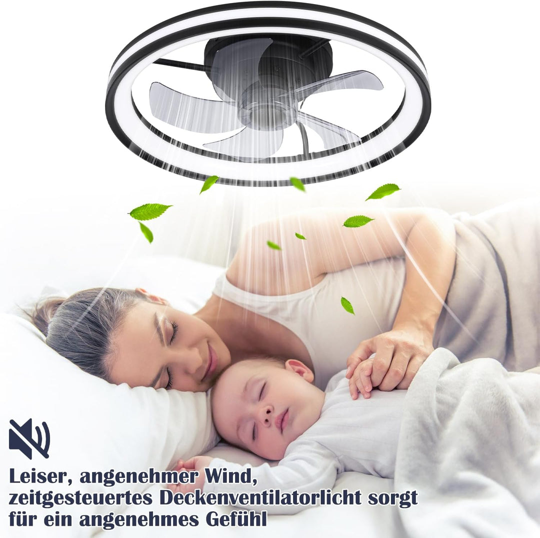 Fiqops Deckenventilator mit Beleuchtung und Fernbedienung Ø50 cm, LED Deckenleuchte 3 Farbtemperatur