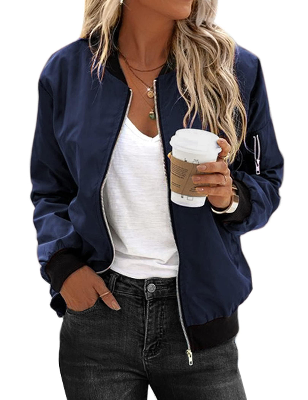 Zeagoo Bomberjacke Damen Kurze Blouson Jacke Casual Pilotenjacke Langarm Outwear Zip Up Solid Leicht