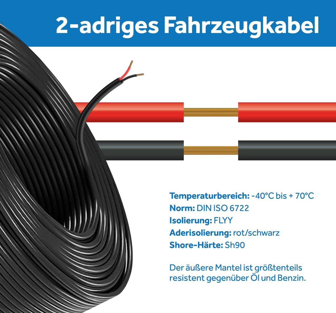 Fahrzeugleitung Anhängerkabel Rund oder Flach Kabel rot/schwarz 2X 0,75 1,0 1,5 mm² 2-adrig 6-24 Vol