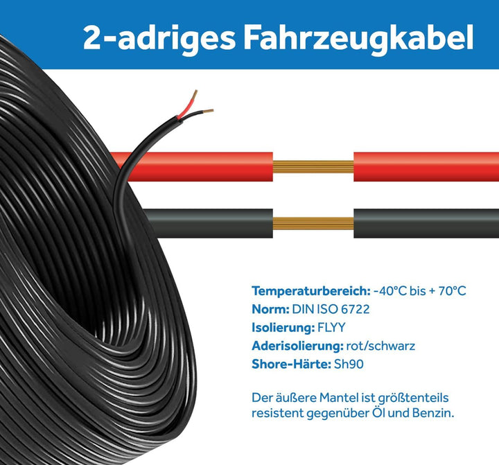 Fahrzeugleitung Anhängerkabel Rund oder Flach Kabel rot/schwarz 2X 0,75 1,0 1,5 mm² 2-adrig 6-24 Vol