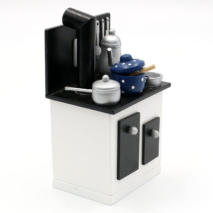 Dekohelden24 Holz Räucherofen mit Küchenutensilien in schwarz-weiss, L/B/H ca. 9 x 7 x 15 cm, 15 cm