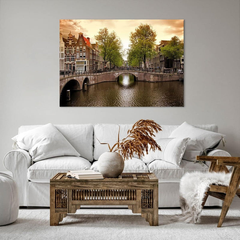 Bilder auf Leinwand 100x70cm Leinwandbild Kanal Wasser Amsterdam Fahrrad Gross Wanddeko Bild Schlafz