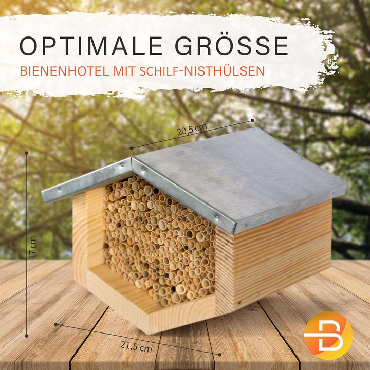 Beesi Bienenhotel mit wetterfestem Metalldach I Bienenhaus mit Schilfröhrchen I Verschiedene Durchme