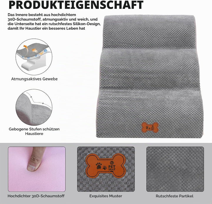 Hundetreppe für Kleine Hunde, 3 Stufen Haustiertreppe für Bett und Sofa aus Hochdichtem Schwamm, Kat