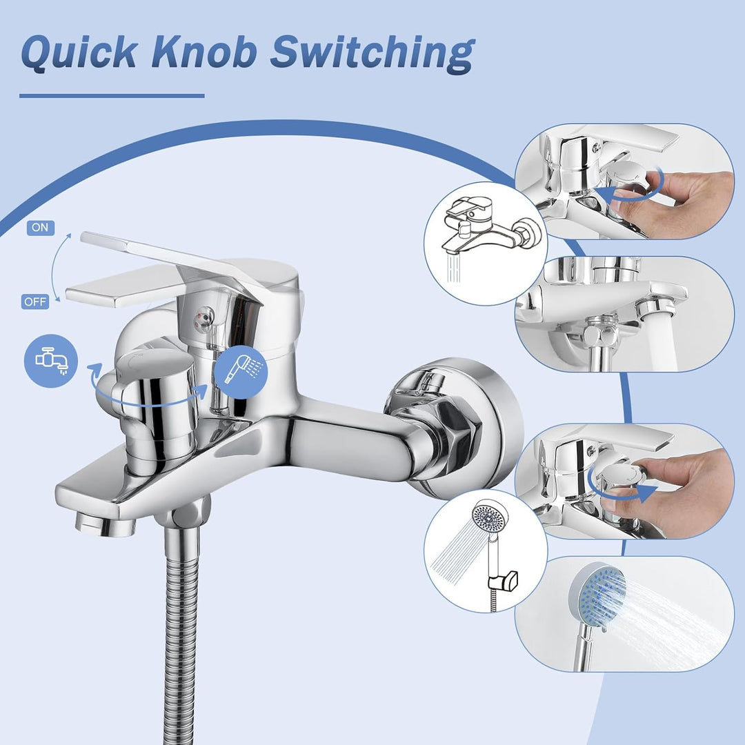 Badewannenarmatur mit Handbrause, Messing Mischbatterie Badewanne mit 5 Funktionen, Aufputz Wannenar