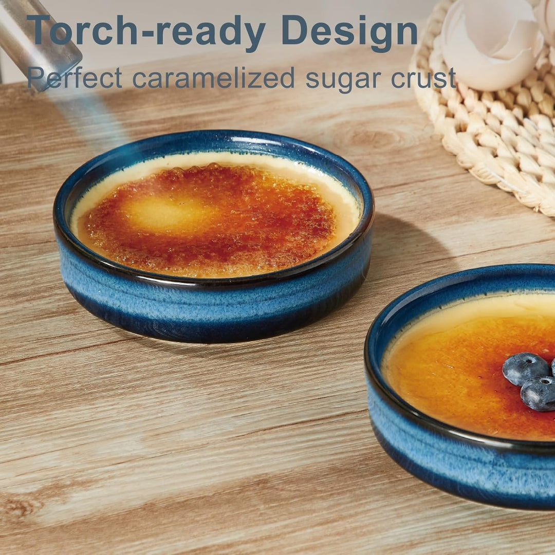 ONEMORE Auflaufförmchen, 6 Stück Soufflé-Förmchen, flache Keramik-Crème-Brûlée-Schälchen, 118 ml, bl