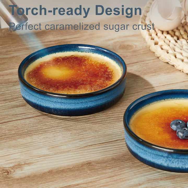 ONEMORE Auflaufförmchen, 6 Stück Soufflé-Förmchen, flache Keramik-Crème-Brûlée-Schälchen, 118 ml, bl