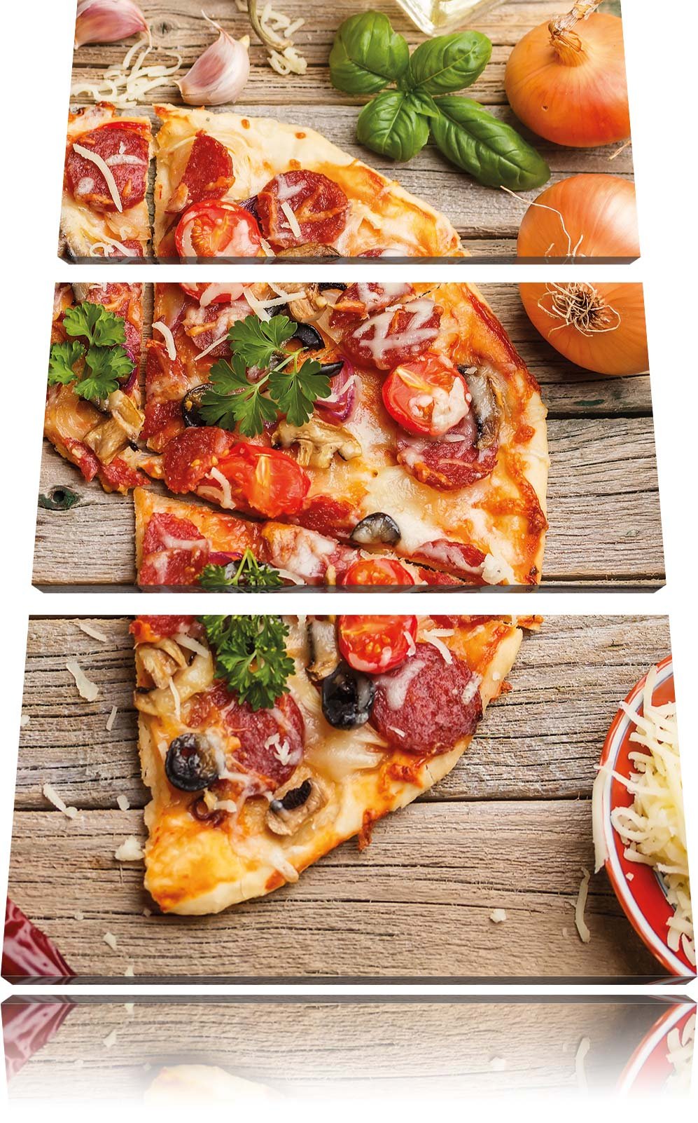 Pixxprint Pizza Italia auf Holztisch als Leinwandbild/Grösse: 3 Teilig (120x80) cm/Wandbild/Kunstdru