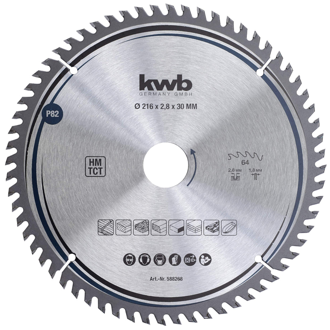 kwb Kreissägeblatt 216 x 30 mm, sehr feiner Schnitt, Sägeblatt geeignet für Arbeitsplatten, Holz und