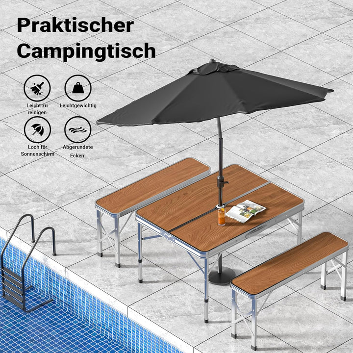 Wiltec Koffertisch mit 2 Bänken Holzdesign Aluminium 90x66x70 cm Campingtisch klappbar Sitzgruppe Ca