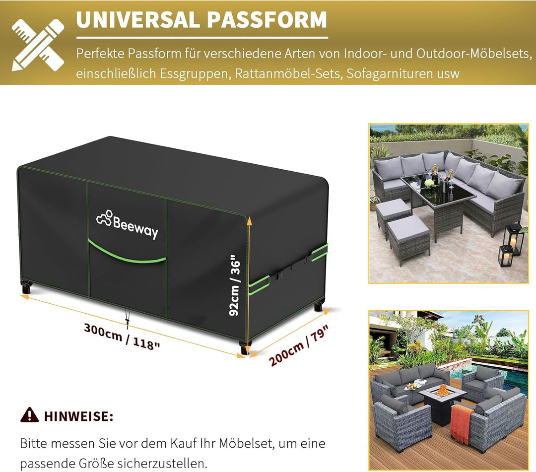 BEEWAY Gartenmöbel Abdeckung Wasserdicht V2.0 300x200x92cm, Schutzhülle Abdeckplane für Gartentische