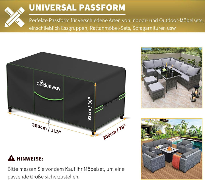 BEEWAY Gartenmöbel Abdeckung Wasserdicht V2.0 300x200x92cm, Schutzhülle Abdeckplane für Gartentische