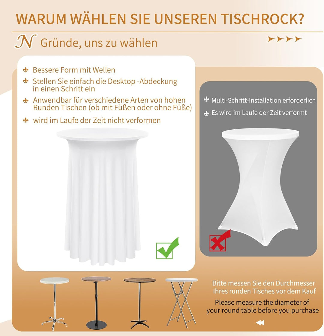 3 Packs Spandex Cocktail Tischdecke mit Röcken 60x110cm, weisser Stretch Cocktail Tischtuch für hohe
