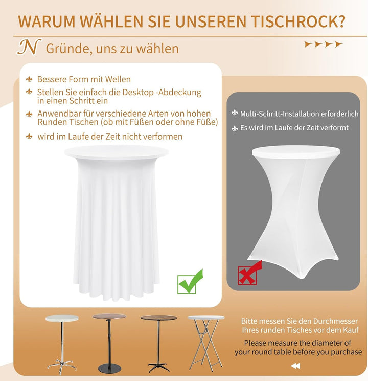 3 Packs Spandex Cocktail Tischdecke mit Röcken 60x110cm, weisser Stretch Cocktail Tischtuch für hohe