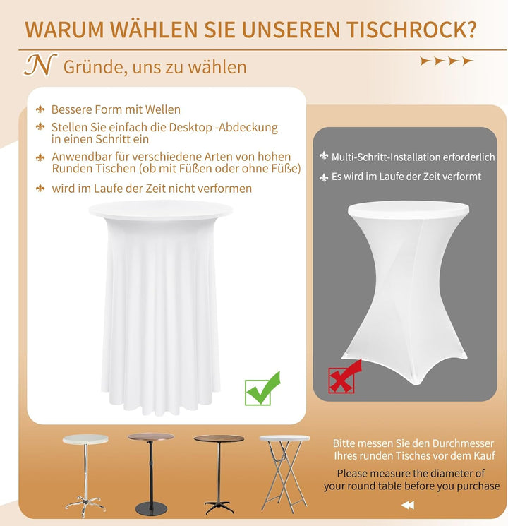 6 Packs Spandex Cocktail Tischdecke mit Röcken 80 x 110cm, weisser Stretch Cocktail Tisch für hohen