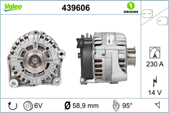 VALEO 439606 Generator Ladestrom des Generators: 230 Amp Rippen: 6 rippen Riemenscheibe Ø: 58,9 mm S