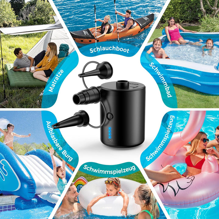 BOSONER Elektrische Luftpumpe mit Akku: 4000 mAh, wiederaufladbare Luftpumpe mit 3 Luftdüsen – schne