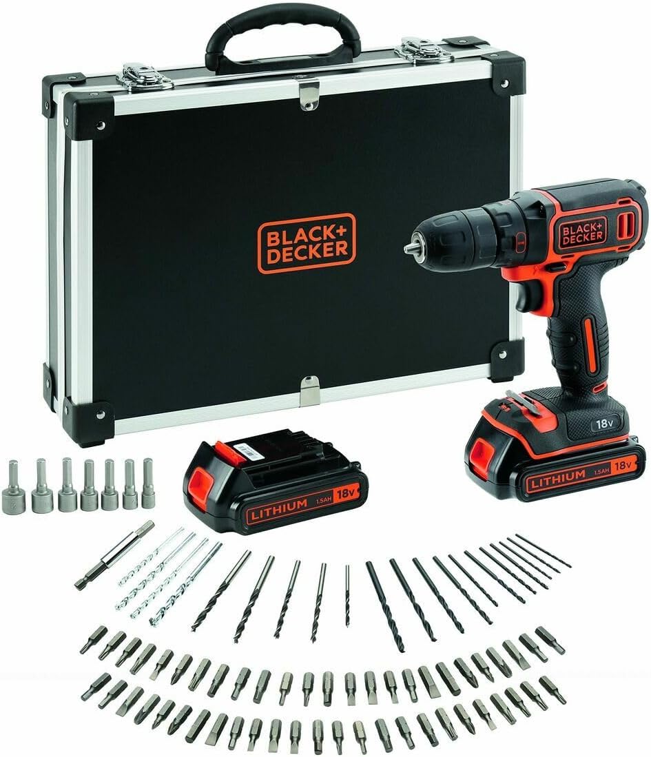 Black+Decker BDCDC18BAFC-QW Bohrschrauber (18V, 2X Li-Ion Schiebe-Akku, Planetengetriebe, LED-Arbeit