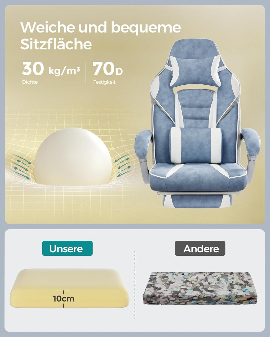 SONGMICS Bürostuhl, Gaming-Stuhl, verstellbar, Teleskop-Fussstütze, Wippmechanismus, Kopfstütze, Len