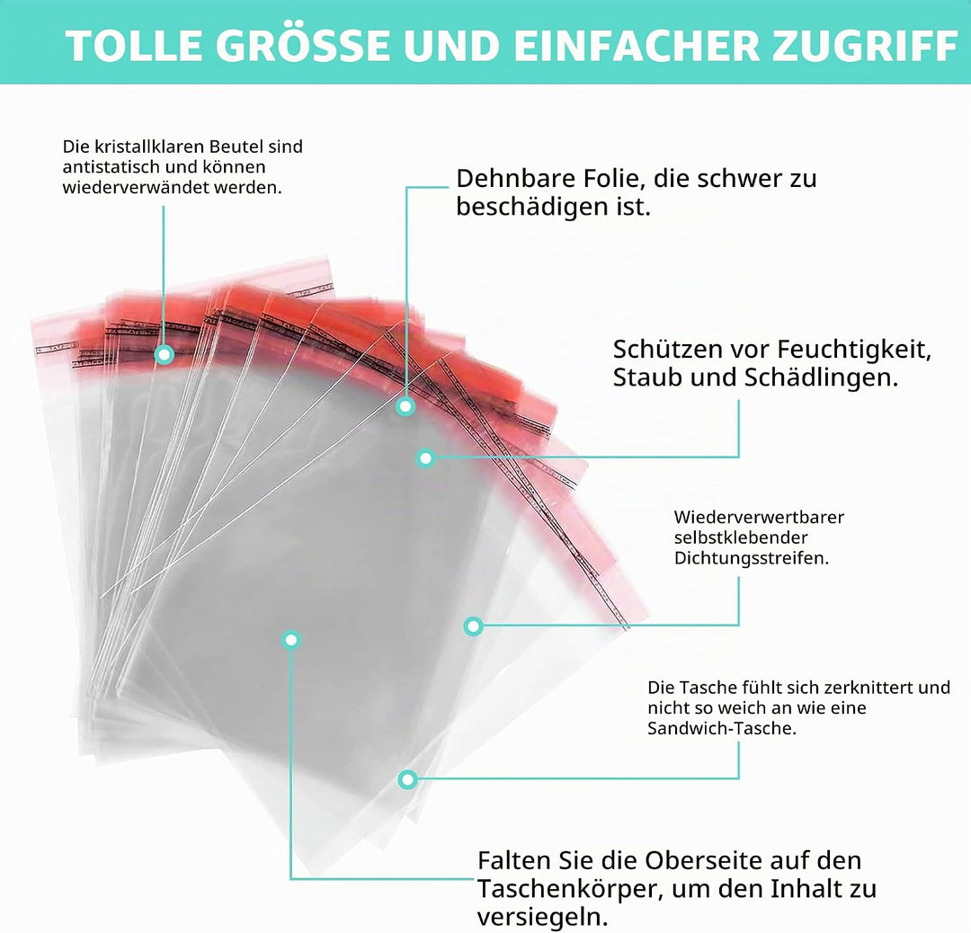 100 Stk. Klar Cellophantüten Plastiktüte Klein Grösse 25cm x 33cm + 3cm Flap 100 St. mit Klappe Zell
