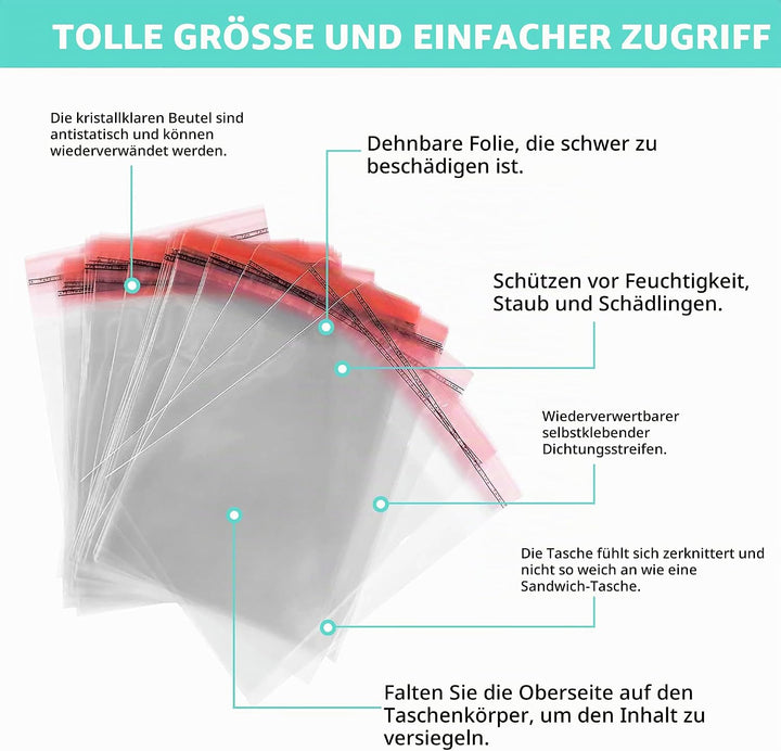 100 Stk. Klar Cellophantüten Plastiktüte Klein Grösse 25cm x 33cm + 3cm Flap 100 St. mit Klappe Zell