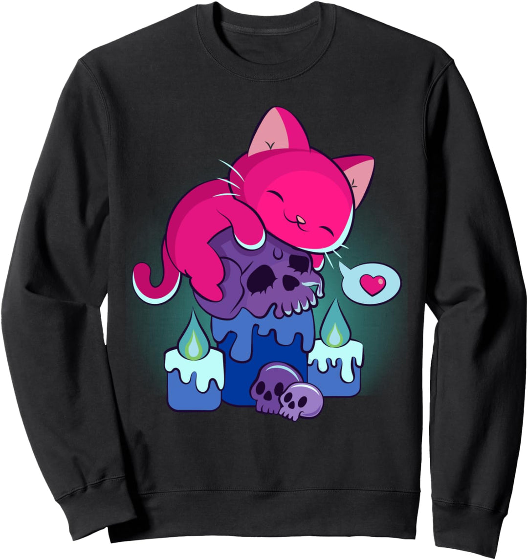 Kawaii Katze auf Totenköpfen, niedlich, Bisexuell, ästhetisch, dezent Sweatshirt