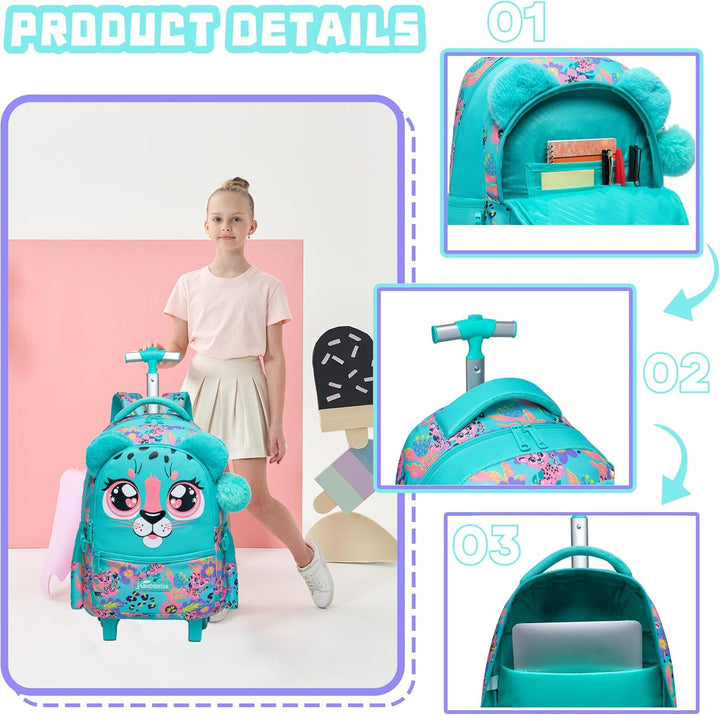 HTgroce Rucksack mit Rollen Schulranzen Trolley Mädchen 4. klasse A-grün Leopard, A-grün Leopard