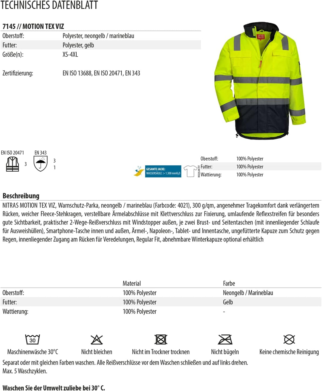 Nitras Warnschutz Parka MOTION TEX VIZ (Farbe: gelb/blau; Grösse: XXL)